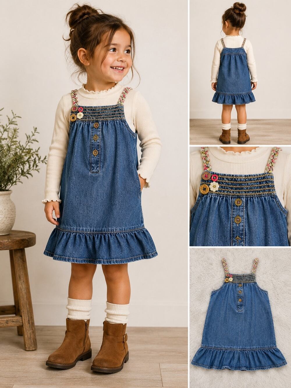 Genuine Kids OshKosh 4T Denim Jumper Dress Embroidered Button Ruffle Hem